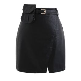 Belted Pocket Faux Leather Mini Bud Skirt in Black - Retro, Indie and ...