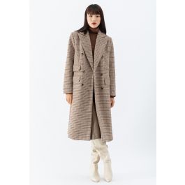 Houndstooth Double Breasted Wool Blend Longline Coat in Tan