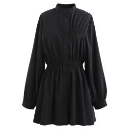 Asymmetric Shirred Button Down Shirt Dress in Black - Retro, Indie and ...