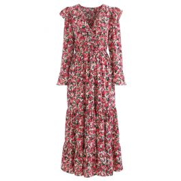 Bright Bloom Wrap Ruffle Maxi Dress in Red - Retro, Indie and Unique ...