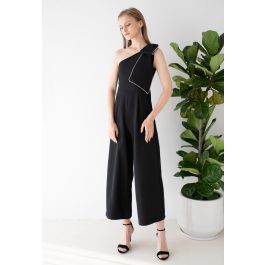 Bow Strap Oblique One-Shoulder Jumpsuit - Retro, Indie and Unique Fashion