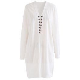 Lightsome Button Slit Hem Longline Cardigan in White - Retro, Indie and ...