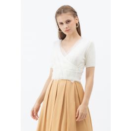 Mesh Overlay Wrap Crop Knit Top in White - Retro, Indie and Unique Fashion