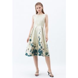 Green Posy Jacquard Embossed Sleeveless Dress - Retro, Indie and Unique ...