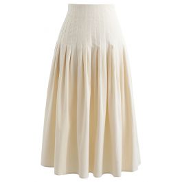 Pleated Waist Cotton Midi Skirt in Cream - Retro, Indie and Unique Fashion