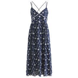 Cross Back V-Neck Embroidered Cami Dress - Retro, Indie and Unique Fashion