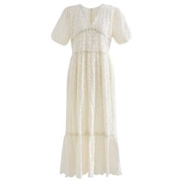 Scallop V-Neck Floral Eyelet Embroidery Maxi Dress in Cream - Retro ...