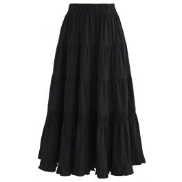 Solid Color Frilling Cotton Midi Skirt in Black - Retro, Indie and ...