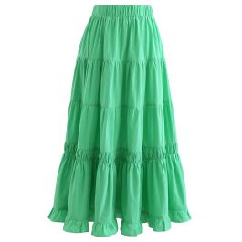 Solid Color Frilling Cotton Midi Skirt in Green - Retro, Indie and ...