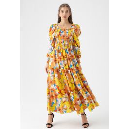 Lily Print Bubble Sleeve Maxi Dress in Yellow - Retro, Indie and Unique ...