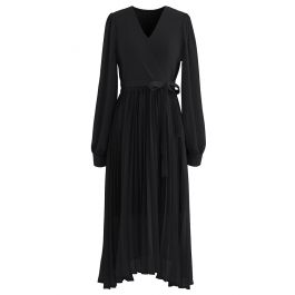 Knit Spliced Self-Tie Pleated Wrap Midi Dress in Black - Retro, Indie ...