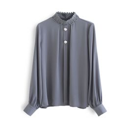 Lace High Neck Button Trim Satin Top in Grey - Retro, Indie and Unique ...