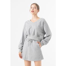 Cotton V-Neck Oversized Crop Sweatshirt in Grey - Retro, Indie and Unique  Fashion