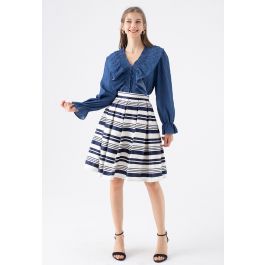 Bicolor Stripe Jacquard Pleated Skirt in Navy - Retro, Indie and