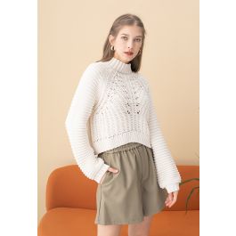 Exaggerated Ribbed High Neck Chunky Knit Crop Sweater in Dark Green -  Retro, Indie and Unique Fashion