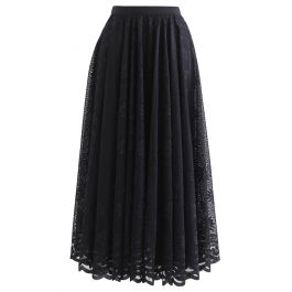 Floral Lace Scalloped Hem Maxi Skirt in Black - Retro, Indie and Unique ...