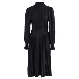 Cable Knit Spliced Pleated Midi Dress In Black - Retro, Indie And ...