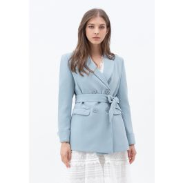 Self-Tied Bowknot Double-Breasted Blazer in Baby Blue - Retro, Indie ...