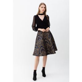 Embroidered Jacquard Floral Flare Midi Skirt - Retro, Indie and