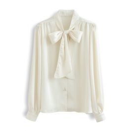 Lacy Edge Bowknot Textured Satin Top in Cream - Retro, Indie and Unique ...