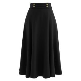 Buttoned Waist Wool-Blend Flare Skirt in Black - Retro, Indie and ...