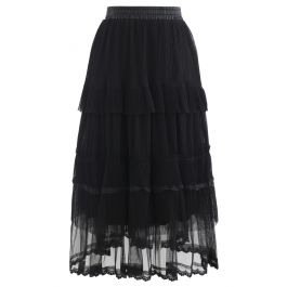 Double-Layered Tiered Pleated Midi Skirt in Black - Retro, Indie and ...