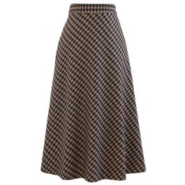 Houndstooth Flare A-Line Midi Skirt in Brown - Retro, Indie and Unique ...