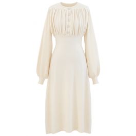 Ruched Buttoned Front Soft Knit Dress in Cream - Retro, Indie and ...