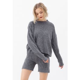 Cozy Grey Cable Knit Shorts - Sweater Shorts - Drawstring Shorts