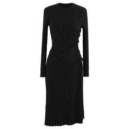 Side Drawstring Ribbed Knit Midi Dress in Black - Retro, Indie and ...