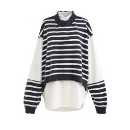 Fake Two-Piece Striped Hi-Lo Pullover in Black - Retro, Indie and ...