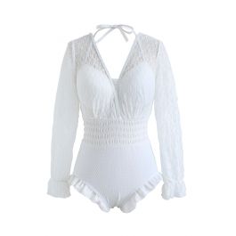 Lacy Long Sleeves Shirred Ruffle Swimsuit in White - Retro, Indie and ...