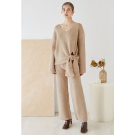 Side Knot Sweater and Straight Leg Pants Knit Set in Light Tan