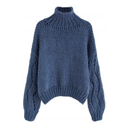 Pointelle Sleeve High Neck Hand-Knit Sweater in Dusty Blue