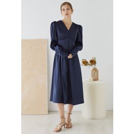 Puff Sleeves Button Up Satin Midi Dress in Navy - Retro, Indie and ...