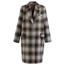 Brown Tartan Wool-Blend Longline Coat - Retro, Indie and Unique Fashion