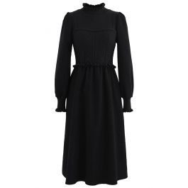 Ruffle Diamond Knit Spliced Midi Dress in Black - Retro, Indie and ...