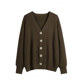 Button Front V-Neck Knit Cardigan in Brown