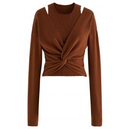 Twist Front Faux Two-Piece Knit Top in Caramel