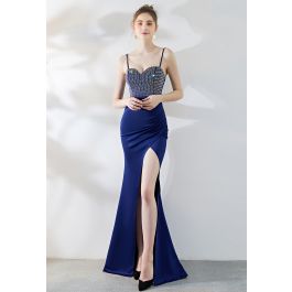 Crystal Embellished High Slit Satin Gown in Navy - Retro, Indie and ...