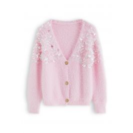 Fluffy V-Neck Sequins Buttoned Crop Cardigan in Pink - Retro, Indie and ...