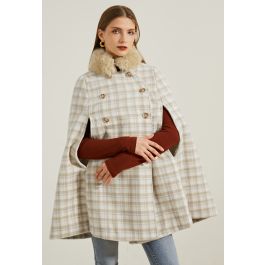 Plaid Faux Fur Collar Double-Breasted Cape Coat - Retro, Indie and 