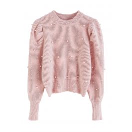 Pearl Embellished Puff Sleeve Knit Dress in Pink