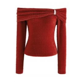 Pearl Decorated Fuzzy Knit Off-Shoulder Top in Red - Retro, Indie