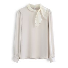 Pearly Mesh Bowknot Satin Shirt in Cream - Retro, Indie and Unique Fashion