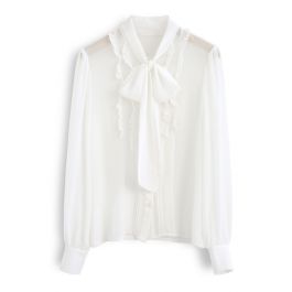 Self-Tie Bowknot Semi-Sheer Chiffon Shirt in White - Retro, Indie and ...