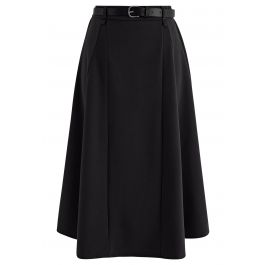 Solid Color Belted Flare Midi Skirt in Black - Retro, Indie and Unique ...