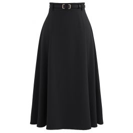 High Waist Belted Flare Midi Skirt in Black - Retro, Indie and Unique ...