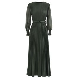 Full Pleated Belted Maxi Dress in Dark Green - Retro, Indie and Unique ...