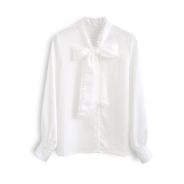 Crochet Edge Bowknot Satin Shirt in White - Retro, Indie and Unique Fashion